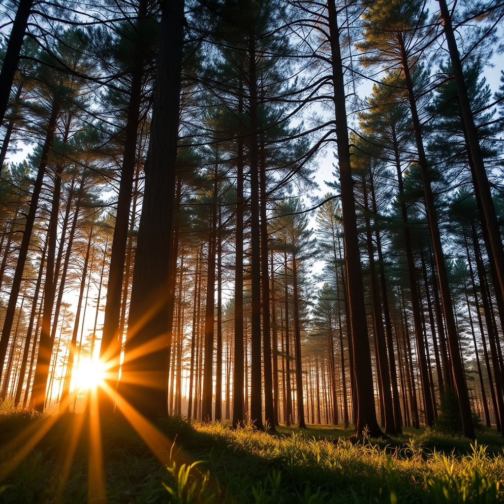 Create a high-resolution image of a tranquil forest scene during golden hour, with sun rays filtering through the trees, using a Canon EOS R5 at f/2.8, 1/250s shutter speed, ISO 100, wide-angle lens, and a low-angle perspective for depth.