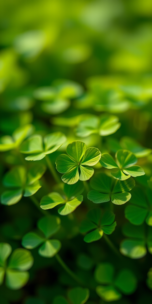 macro shot of vibrant green clover leaves with soft focus background, natural lighting, aperture f/2.8, shutter speed 1/200 sec, ISO 100, taken with a DSLR camera, 50mm lens, shallow depth of field