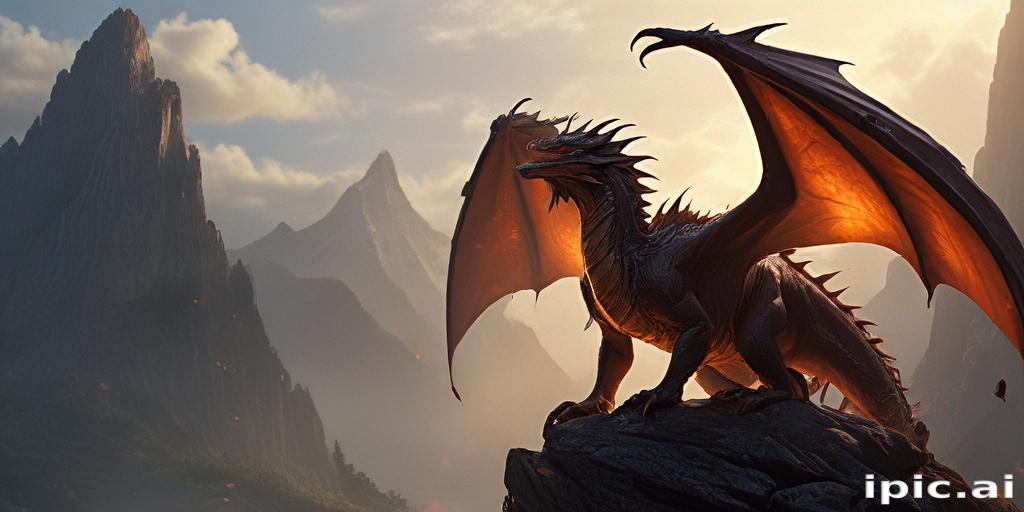 Majestic Dragon Perched atop a Rocky Peak Overlooking a Stunning Landscape.
