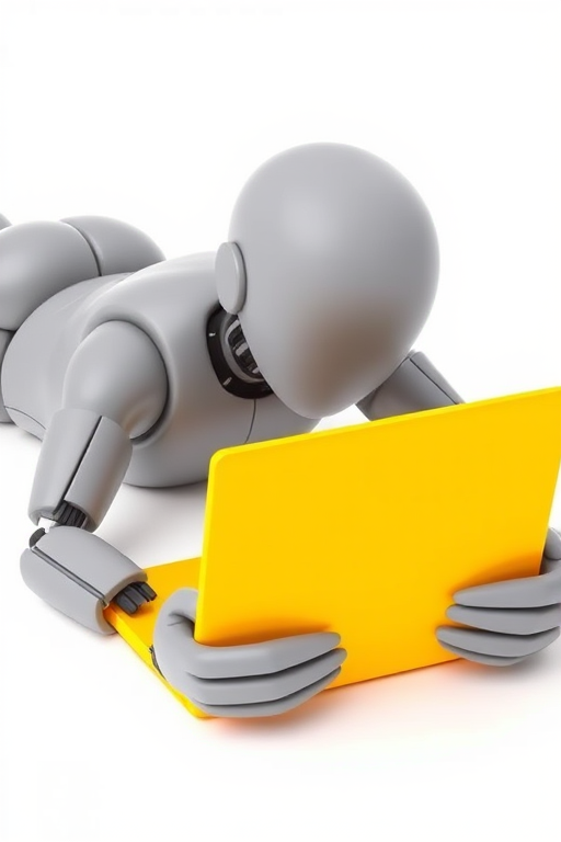 Create a 3D rendered image of a stylized humanoid figure with a smooth gray finish lying on its stomach, focused on a bright yellow laptop, with a clean white background, using a Canon EOS R5 camera, 50mm lens, aperture f/2.8, ISO 100, and soft natural lighting to enhance depth and detail.