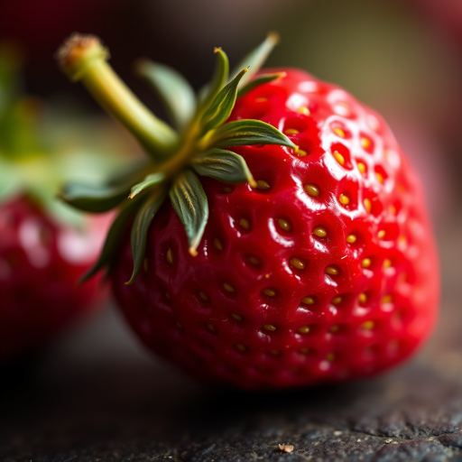 High-resolution close-up of a ripe strawberry with vibrant colors and detailed texture, shot with a Canon EOS R5 at f/2.8, ISO 100, 50mm lens, natural light, with a shallow depth of field for a dreamy background effect.