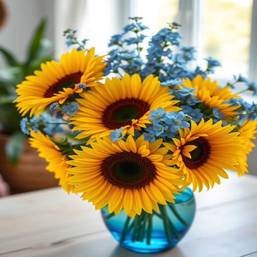 A vibrant arrangement of yellow sunflowers and blue flowers in a blue glass vase on a light wooden table, natural light from a nearby window, shallow depth of field, 50mm lens, f/2.8 aperture, ISO 100, soft focus for background, captured with a DSLR camera.