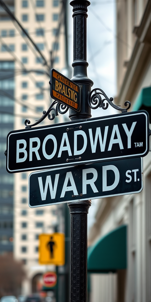 A street view of Broadway and Ward Street signs with an emphasis on the details and textures, taken with a DSLR camera at f/2.8 aperture, 1/500 sec shutter speed, ISO 100, and positioned at eye level for a sharp focus on the signs with a blurred background.