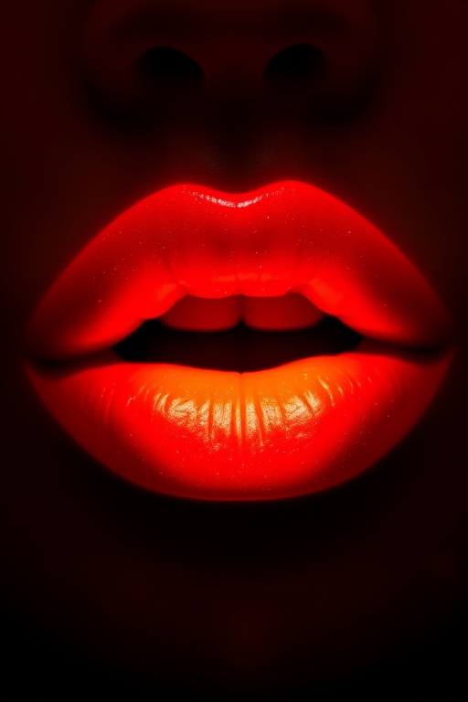 Fiery ombre lips transitioning from deep red to bright orange, mimicking the intense colors of flames with a subtle shimmer throughout