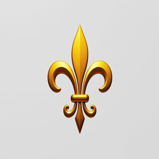 Create a high-resolution image of a stylized golden fleur-de-lis on a transparent background, using a DSLR camera with a 50mm lens, aperture set to f/2.8, ISO 100, and a softbox for even lighting.