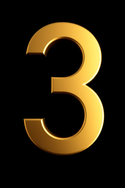 Create a high-resolution image of a large, shiny gold number three, positioned centrally on a black background, captured with a DSLR camera at f/2.8 aperture, ISO 100, 50mm lens using a soft focus style for a professional look.