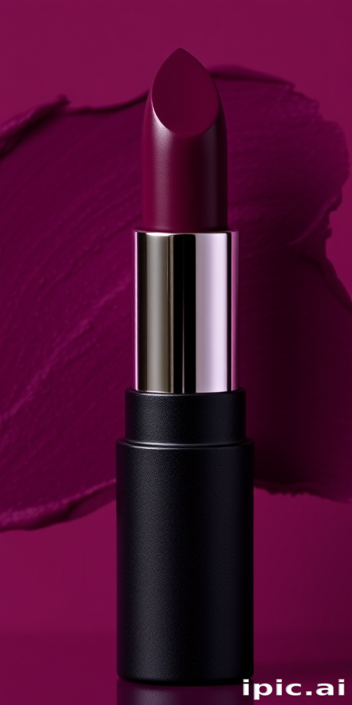 Sultry "Midnight Plum" matte lipstick offering deep, rich pigmentation for a bold statement, enhancing lip fullness while providing a velvety smooth texture that lasts all day