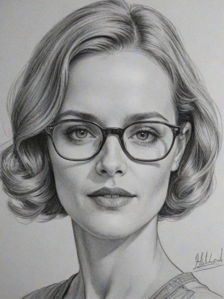 Splendid Kerry Bishe, pencil sketch, portrait of Wonderful woman 1932s in glasses, hair style beatnik, outline, clear lines, fine lines, 8k