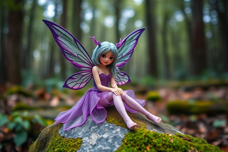 A whimsical fairy with purple attire and iridescent wings sitting on a mossy stone in a forest, captured with a Canon EOS R5, 85mm f/1.2 lens, aperture f/1.2, ISO 100, HDR style, soft natural lighting to emphasize details and enhance depth of field.