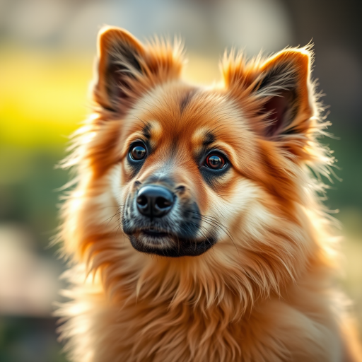 Regenerate the image of a fluffy dog with a vibrant coat, using a Canon EOS R5 camera, 85mm lens, f/1.8 aperture, ISO 200, natural light, shallow depth of field, head-on view with a soft focus background.