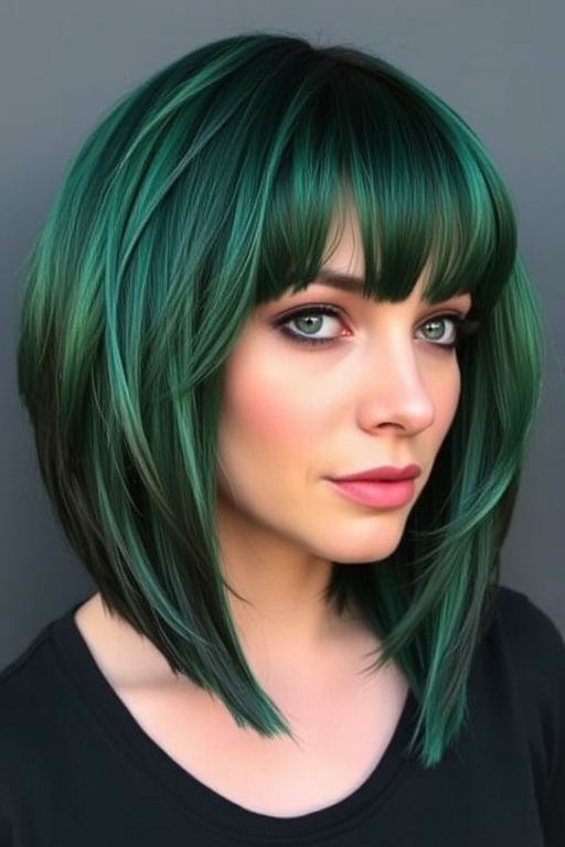 Deep emerald green bob named "Enchanted Forest" with darker roots and lighter ends, cut into a blunt chin-length style with micro bangs