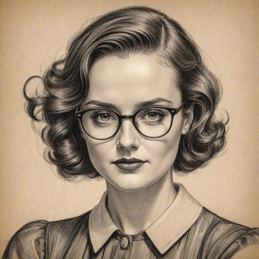 Graceful Sophie McShera, pencil sketch, portrait of Stunning woman 1930s in glasses, hair style beatnik, outline, clear lines, fine lines, 8k