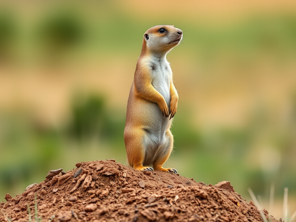 A prairie dog standing upright on a dirt mound in a natural setting, captured with a Canon EOS 5D Mark IV, 200mm lens, f/4 aperture, ISO 100, 1/200 sec shutter speed, shallow depth of field, soft bokeh background.