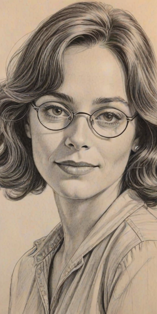 Comely Karen Allen, pencil sketch, portrait of Enchanting woman 1952s in glasses, hair style beatnik, outline, clear lines, fine lines, 8k