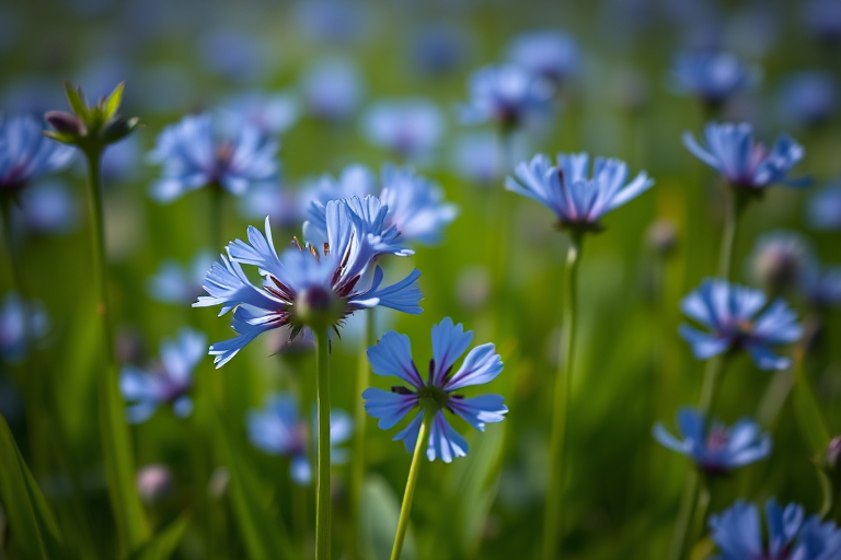 Close-up of delicate blue flax flowers in a lush green field, shallow depth of field, f/2.8 aperture, 50mm lens, soft natural lighting, Canon DSLR.