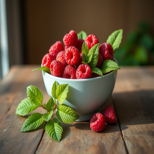A vibrant bowl of fresh raspberries with green leaves on a rustic wooden table, soft natural lighting from the side, shallow depth of field to enhance details, taken with a Canon EOS R5, 50mm lens, f/2.8 aperture, ISO 100, 1/200s shutter speed.