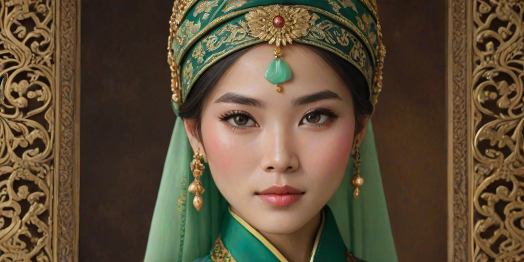 Create a portrait of a beautiful Vietnamese woman with striking green eyes and a gentle expression. She is adorned in traditional attire with intricate patterns, including a richly embroidered headscarf and matching garments. Her jewelry includes a delicate headpiece, dangling earrings, and ornate bracelets, all featuring vibrant gemstones and detailed metalwork. The background is soft and warm, enhancing the rich colors of her outfit and jewelry.