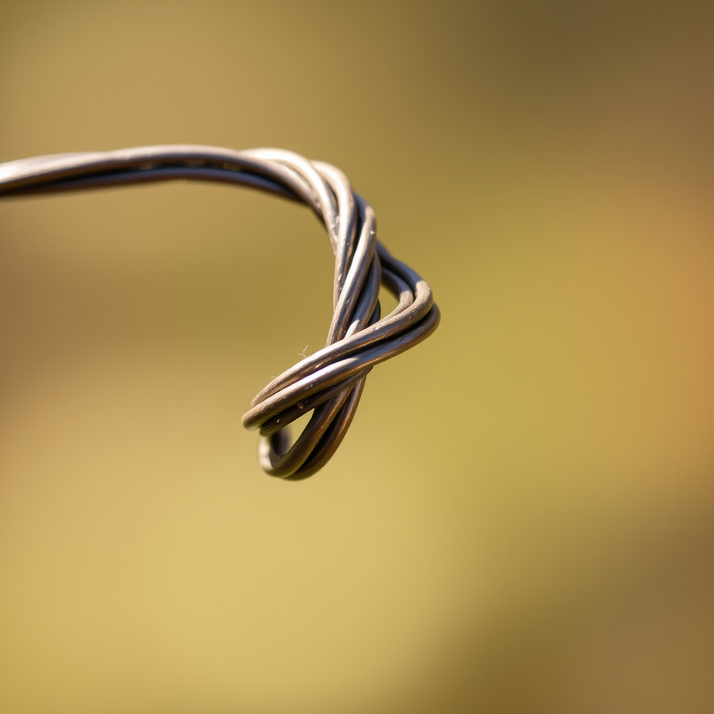 close-up photograph of a twisted wire knot, soft focus background, natural lighting, aperture f/2.8, shutter speed 1/250s, ISO 100, macro lens, shallow depth of field, DSLR camera