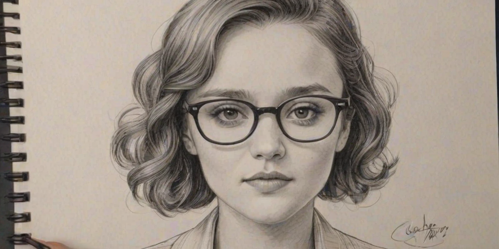 Delightful Olivia Cooke, pencil sketch, portrait of Appealing woman 1945s in glasses, hair style beatnik, outline, clear lines, fine lines, 8k