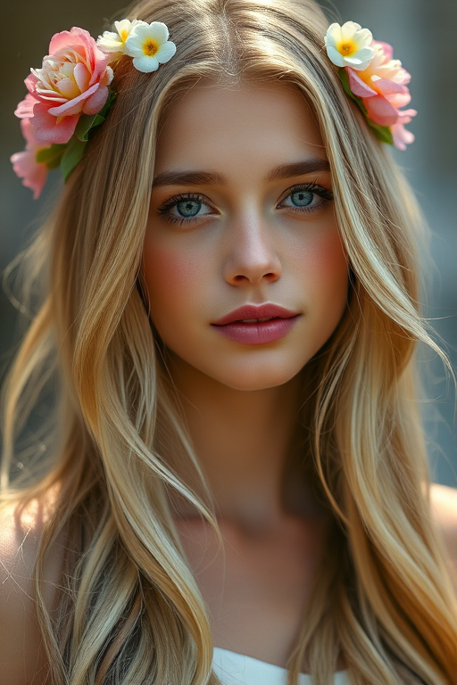 Regenerate a portrait of a young woman with long blonde hair adorned with flowers, soft natural lighting, shallow depth of field, ISO 100, aperture f/1.8, focal length 50mm, captured with a DSLR camera using a portrait lens.