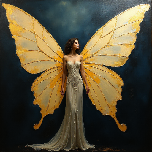 Palette knife oil painting, featuring an elegant feminine fairy with enormous translucent wings, high contrast, impasto texture, with chiaroscuro and dramatic shadows and shining Gold Foil highlights