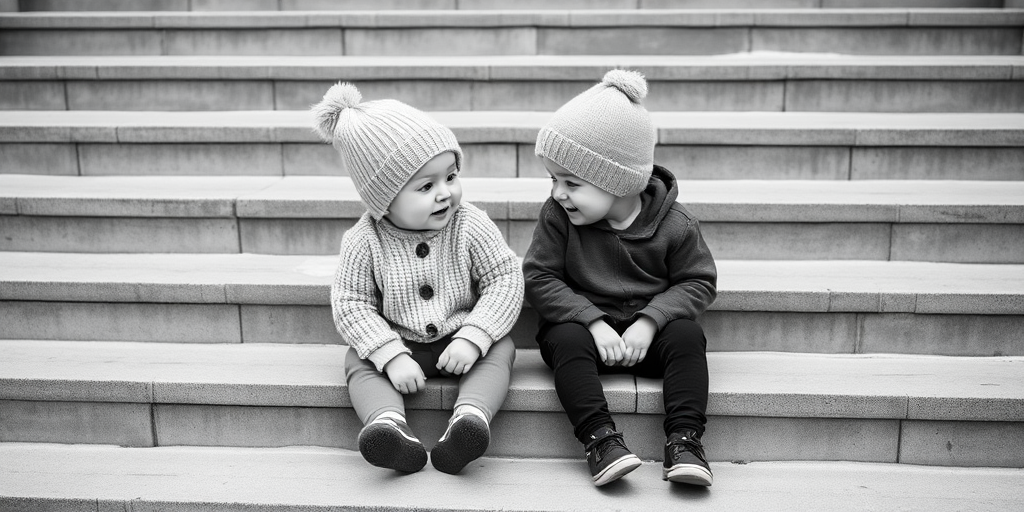Capture a high-quality black and white image of two children sitting on concrete steps, one wearing a beanie and a sweater while the other is in a sweatshirt and a light-colored beanie, focus on their playful interaction, use a 50mm lens, aperture f/2.8, ISO 100, shutter speed 1/200s, soft natural light, angled view from slightly above.