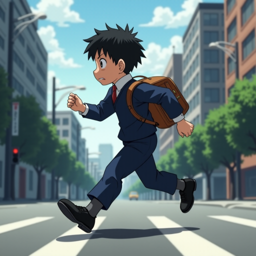In the Japanese boondocks photorealistic anime, the camera focuses on strong muscular sideview of 9 year old boy his perfect face conveys powerful mighty passion, wearing black school dress-shoes, wearing dark blue matching school uniform. he runs lightly across wide busy city street. with stoplights in backdrop, The animation highlights the dynamic of the boy's clothes and hair blowing in the wind as he moves around, wearing leather backpack,