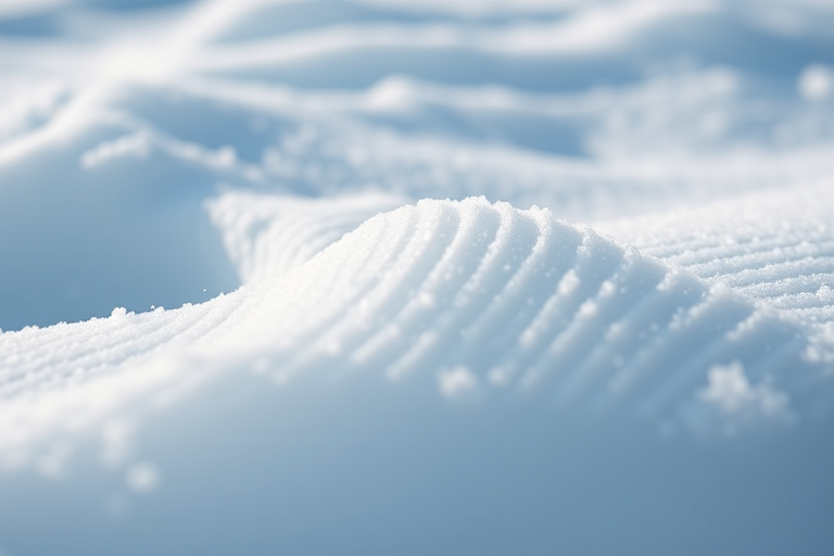 Capture a close-up view of textured snowdrifts, focusing on the undulating forms and soft blue tones, using a DSLR camera, f/5.6 aperture, 1/200 sec shutter speed, ISO 100, natural lighting, with a shallow depth of field.