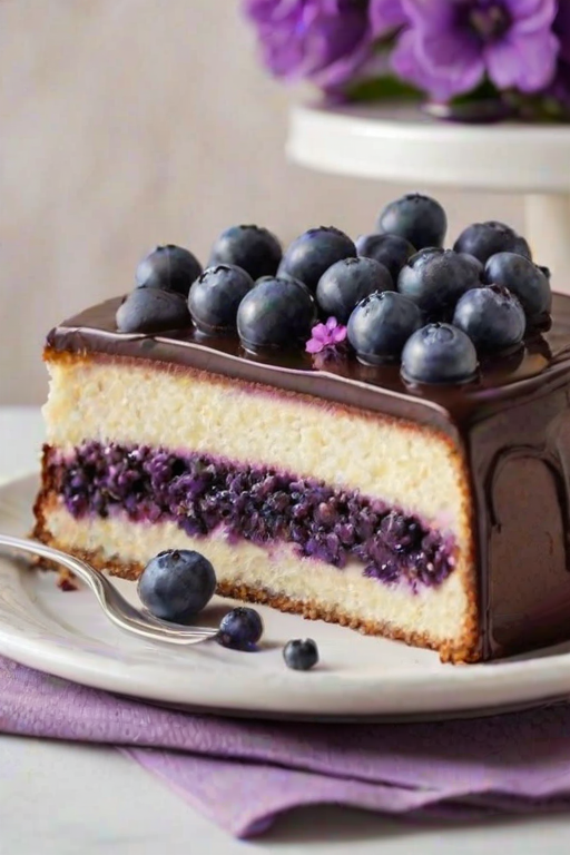 Create an image of a layered cake with a smooth purple top, decorated with fresh blueberries and lavender sprigs. The cake should be sliced to show its layers, featuring a chocolate base and a creamy filling. Place the cake on a simple white platter, with a soft, textured background and a bouquet of purple flowers nearby.