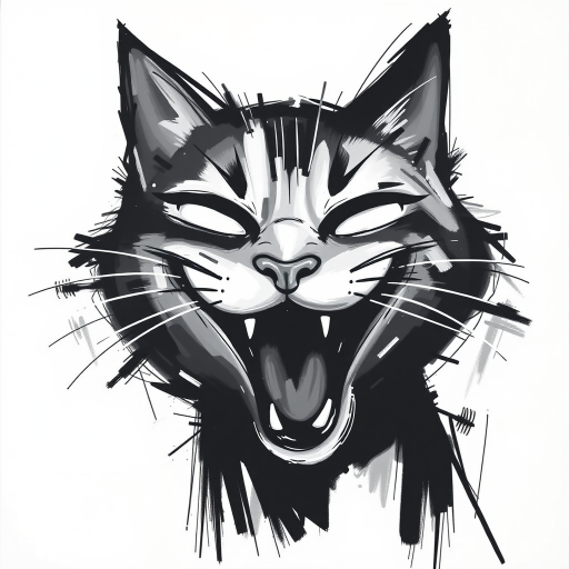 Abstract black and white acrylic portrait of an over exaggerated laughing (cat). Minimalism style. White background.