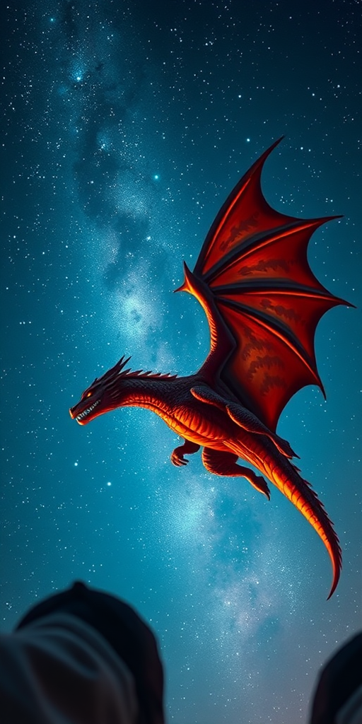 Generate an artistic illustration of a dragon soaring through a starry night sky, captured with a Nikon D850, 50mm lens, f/1.8 aperture, ISO 400, 1/125s shutter speed, in a dynamic low-angle perspective for enhanced clarity and detail.