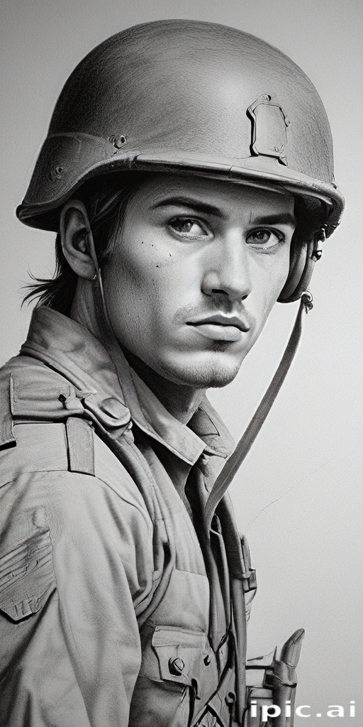 Portrait of a Young Soldier in Uniform with a Thoughtful Expression