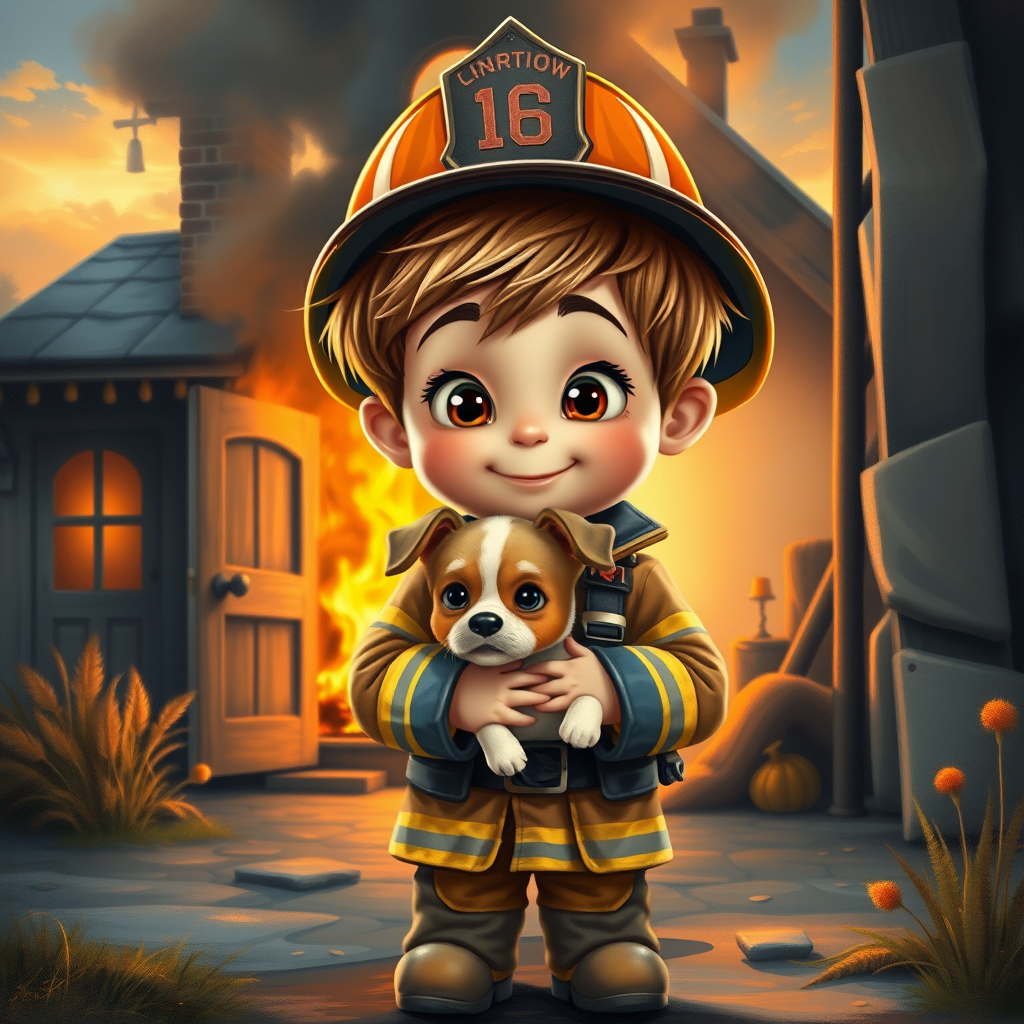 airbrushed oil painting, pixar style, cute little boy in fireman gear, helmet, tousled hair, expressive eyes, standing in the doorstep of a cottage burning behind him, holding a cute little dog in his arm, atumn sky
