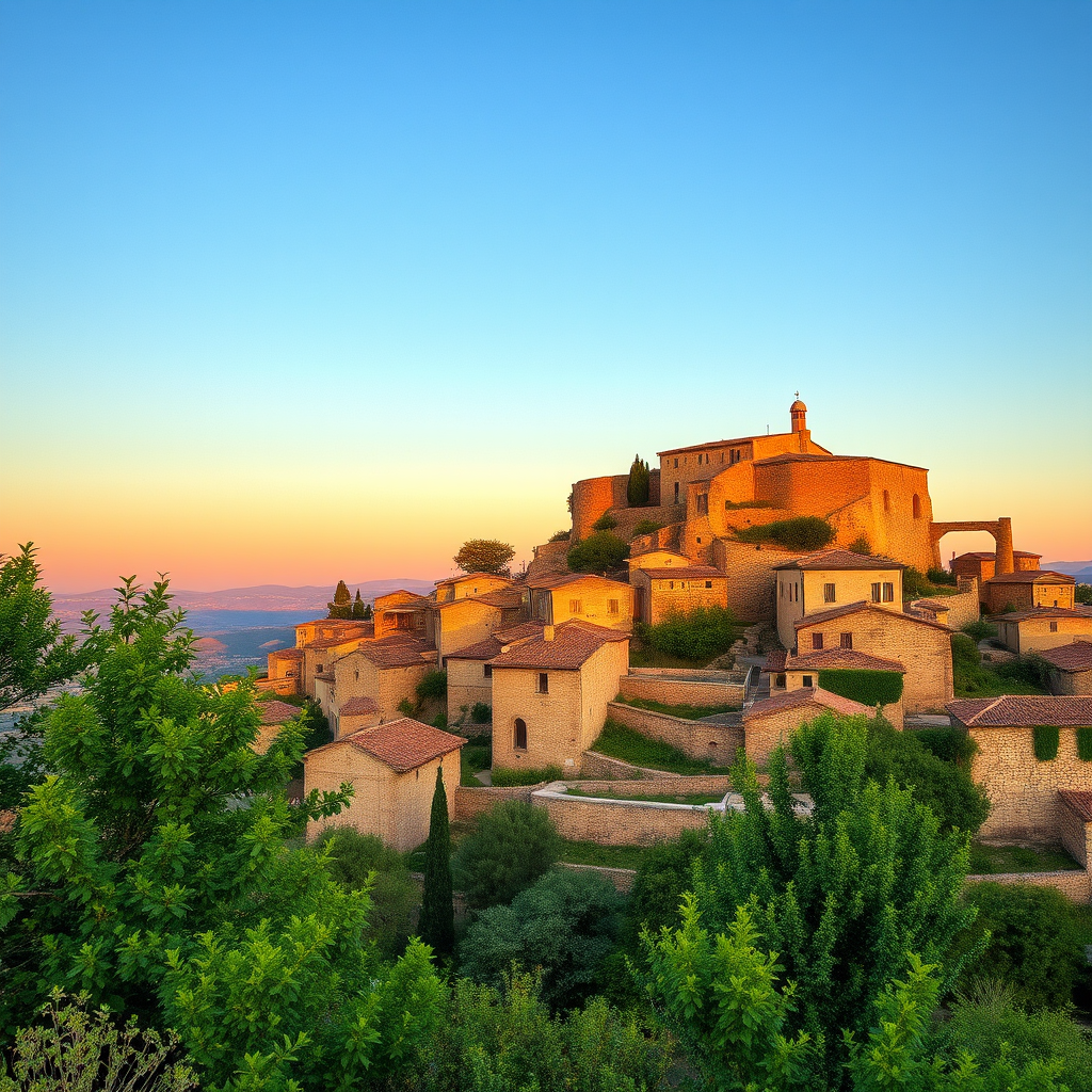 regenerate a scenic view of a historic hilltop village with ancient stone buildings and lush greenery in the foreground, sunset lighting, use a DSLR camera with a 24mm lens, aperture f/8, ISO 100, 1/200 sec, shot from an elevated viewpoint to capture the landscape and village details.