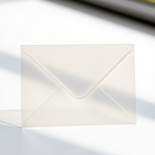 Create a high-resolution image of a semi-transparent envelope with a clean, minimalist design, using a DSLR camera at f/2.8 aperture, ISO 100, 50mm lens, with a soft focus background and natural daylight for optimal lighting.