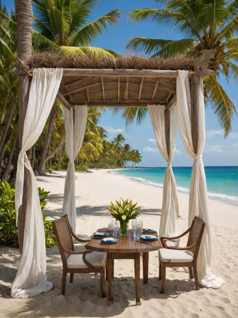 Create a picturesque tropical beach scene featuring a serene, white sandy shore. In the foreground, there's a rustic wooden canopy with white drapes gently flowing in the breeze. Underneath the canopy, a table is set with tropical decor, evoking a sense of relaxation and leisure. The beach extends into a calm, shallow water area with reflections of the sky and surroundings. Palm trees and lush greenery line the edge of the beach, providing a natural, tropical backdrop. The sky is clear with a few scattered clouds, and the overall atmosphere is tranquil and inviting, perfect for a peaceful retreat.