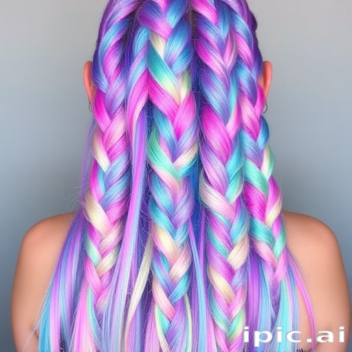 Holographic pastel rainbow hair in long, mermaid-inspired braids, called "Prismatic Fantasy," with each plait seamlessly blending multiple iridescent hues