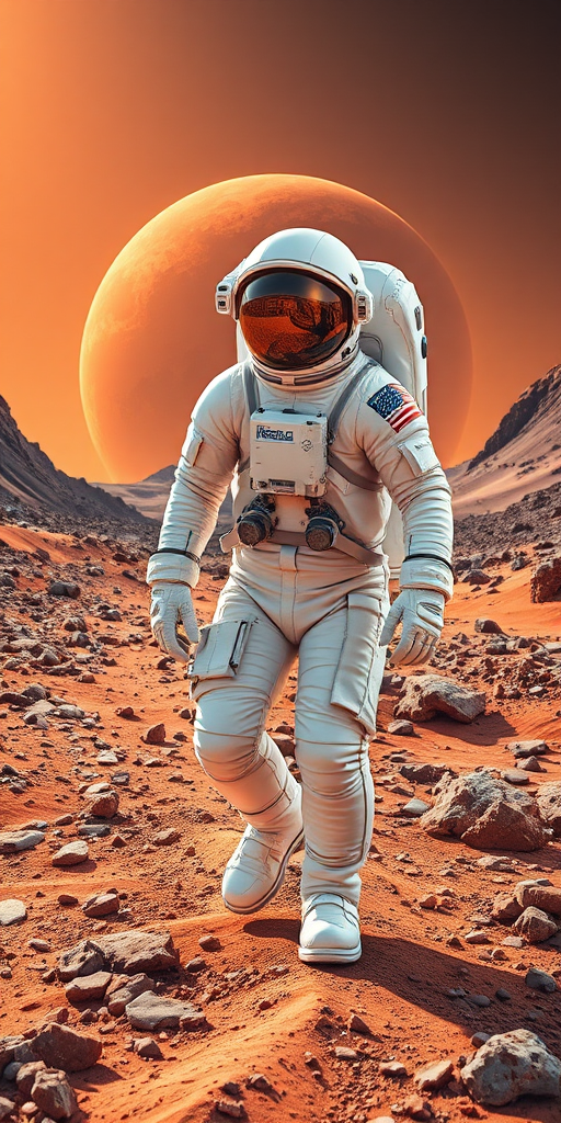 Generate a high-resolution image of an astronaut in a white spacesuit walking on a rocky Martian landscape with a large orange planet in the background and Earth visible in the distance, using a DSLR camera with a 24mm lens, aperture f/8, ISO 100, and a wide-angle perspective to capture vibrant colors and details.