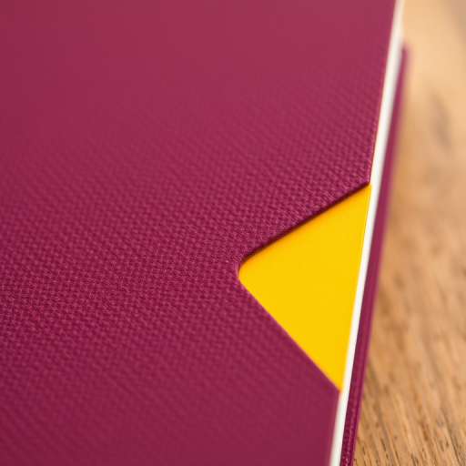a textured maroon notebook with a yellow corner showing, close-up view, natural lighting, DSLR camera, aperture f/2.8, ISO 100, shutter speed 1/60s