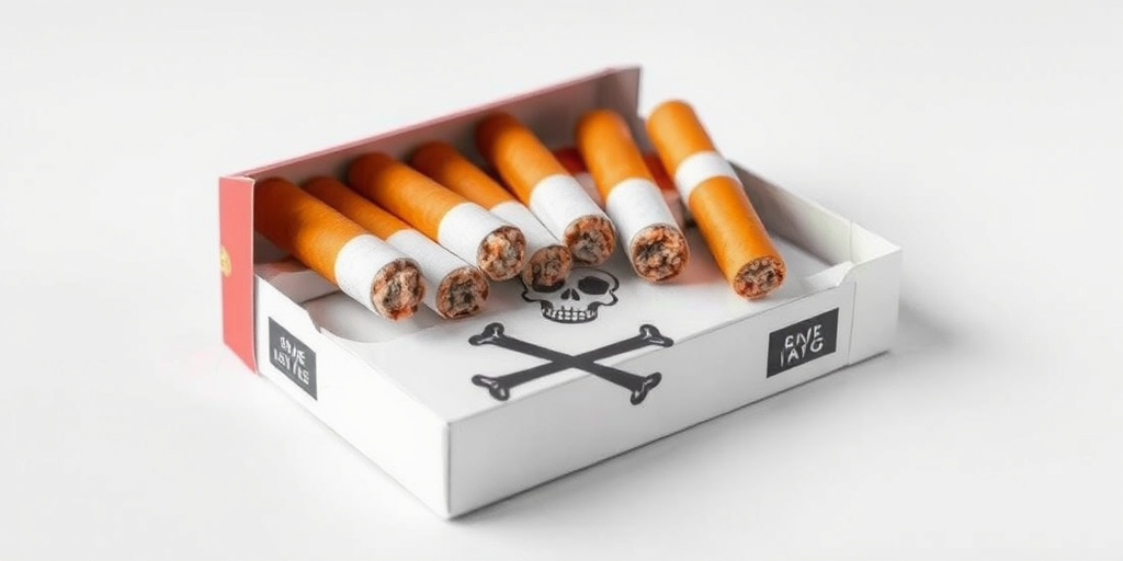 realistic rendering of an open cigarette pack displaying several cigarettes with a skull and crossbones symbol on the surface, high resolution, 50mm lens, f/2.8 aperture, ISO 100, soft lighting, studio setup