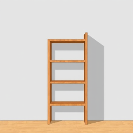 Create an illustration of a wooden bookshelf with four shelves, angled slightly to the right, using a DSLR camera with a 50mm lens, aperture f/2.8, ISO 100, and a shallow depth of field for enhanced visual quality.