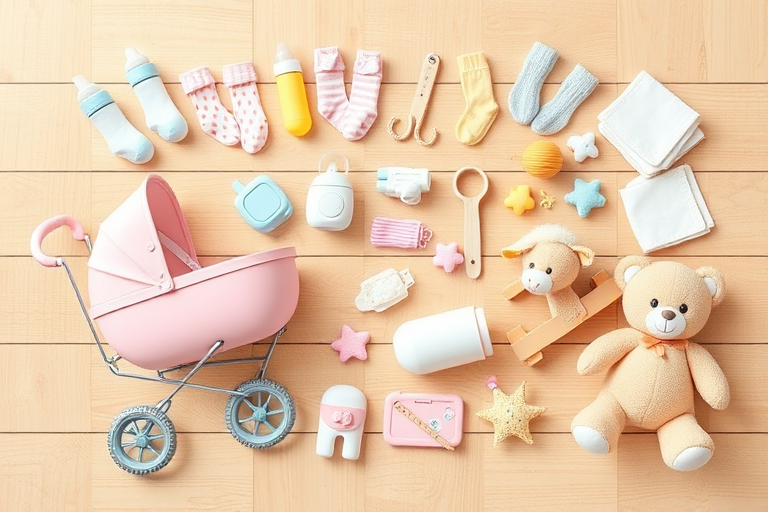 Create a high-resolution digital illustration of various baby items including a pink stroller, baby bottles, socks, a rocking horse, a teddy bear, diapers, and toys, arranged playfully on a wooden background, using a DSLR camera with a 50mm lens, f/2.8 aperture, ISO 100, shot from a top-down view, ensuring enhanced color vibrancy and clarity.