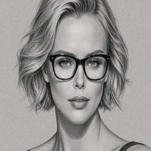 Dazzling Charlize Theron, pencil sketch, portrait of Appealing woman 1946s in glasses, hair style beatnik, outline, clear lines, fine lines, 8k