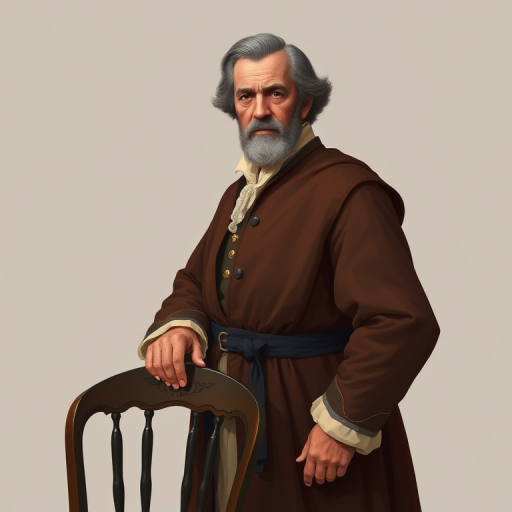 Create a digital illustration of a historical figure, capturing a serious expression while standing with one hand on a chair, set against a plain background, using a Canon EOS R5 with a 50mm f/1.2 lens, aperture set to f/4, ISO 100, and 1/200s shutter speed for clarity and detail.