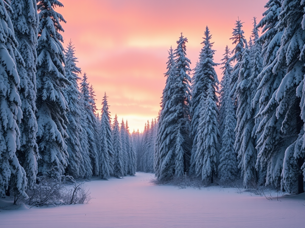 Sharp, high-resolution image of a snowy forest at dawn, soft pink and orange hues painting the sky, tall trees covered in a blanket of snow, soft shadows cast on the ground from the rising sun, the air crisp and cold, a peaceful stillness filling the scene.