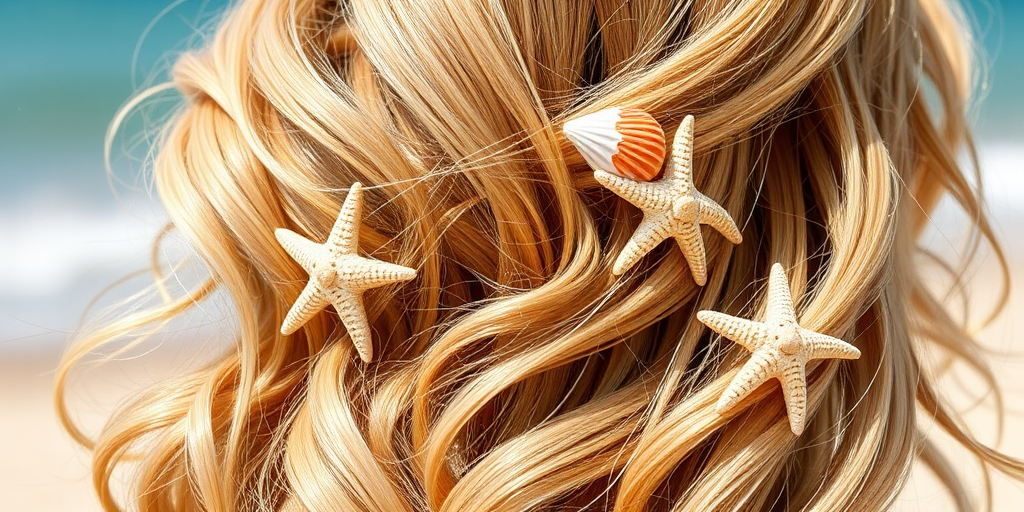 Sun-kissed golden blonde beach waves adorned with intricate seashell and starfish hair pins, evoking the carefree spirit of endless summer days by the shore.