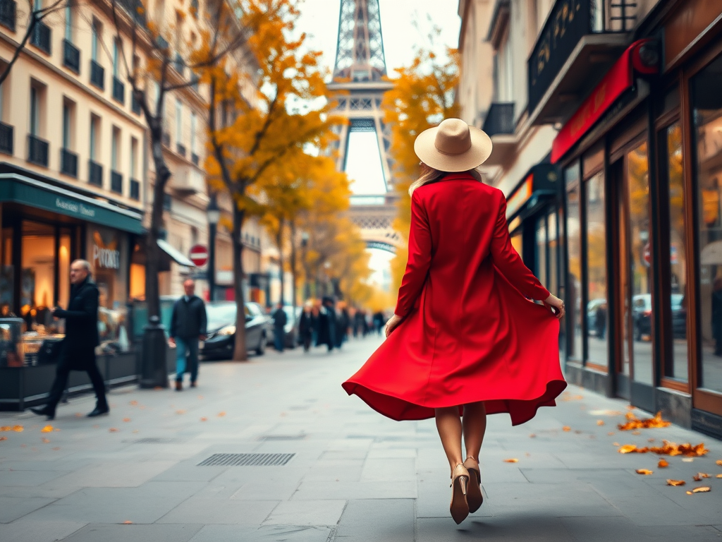 Generate an impressionistic image of a woman in a flowing red coat and wide-brimmed hat walking in a Parisian street with the Eiffel Tower in the background during autumn, using a Canon EOS R5 with a 50mm f/1.2 lens, aperture set to f/2.8, ISO 100, and a soft focus effect for a dreamy atmosphere.
