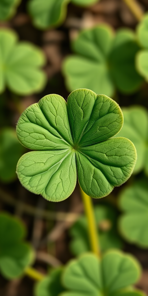 Create a highly detailed 3D rendering of a clover leaf, using a DSLR camera with a 50mm lens at f/2.8, ISO 100, and a shallow depth of field, shot in natural light from a top-down view.
