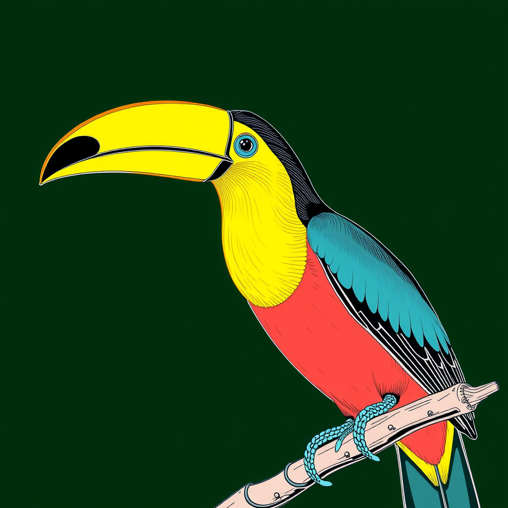 Create a vibrant line art drawing of a toucan perched on a branch against a dark green background, using a Canon EOS R5 with an 85mm f/1.2 lens at f/2.8, ISO 100, and a shutter speed of 1/250s to enhance image quality and detail.