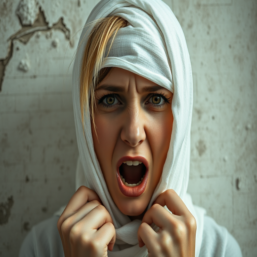 Create a close-up photographic image of a Tajik woman with light skin tones shown against an old, worn wall. Their head is wrapped in a white cloth covering (i.e.... parts of the head except the nose and mouth, which are open as if they are screaming...), with a slight texture and visible folds in the fabric. Thin strands of blonde hair escape from the wrapping above, falling lightly at the top and sides. Their hands hold the fabric as if they are tugging nervously. The lighting is dramatic and even, casting strong shadows. The image has a minimalist and surreal style with an emphasis on simplicity with soft color tones. The composition is centered.